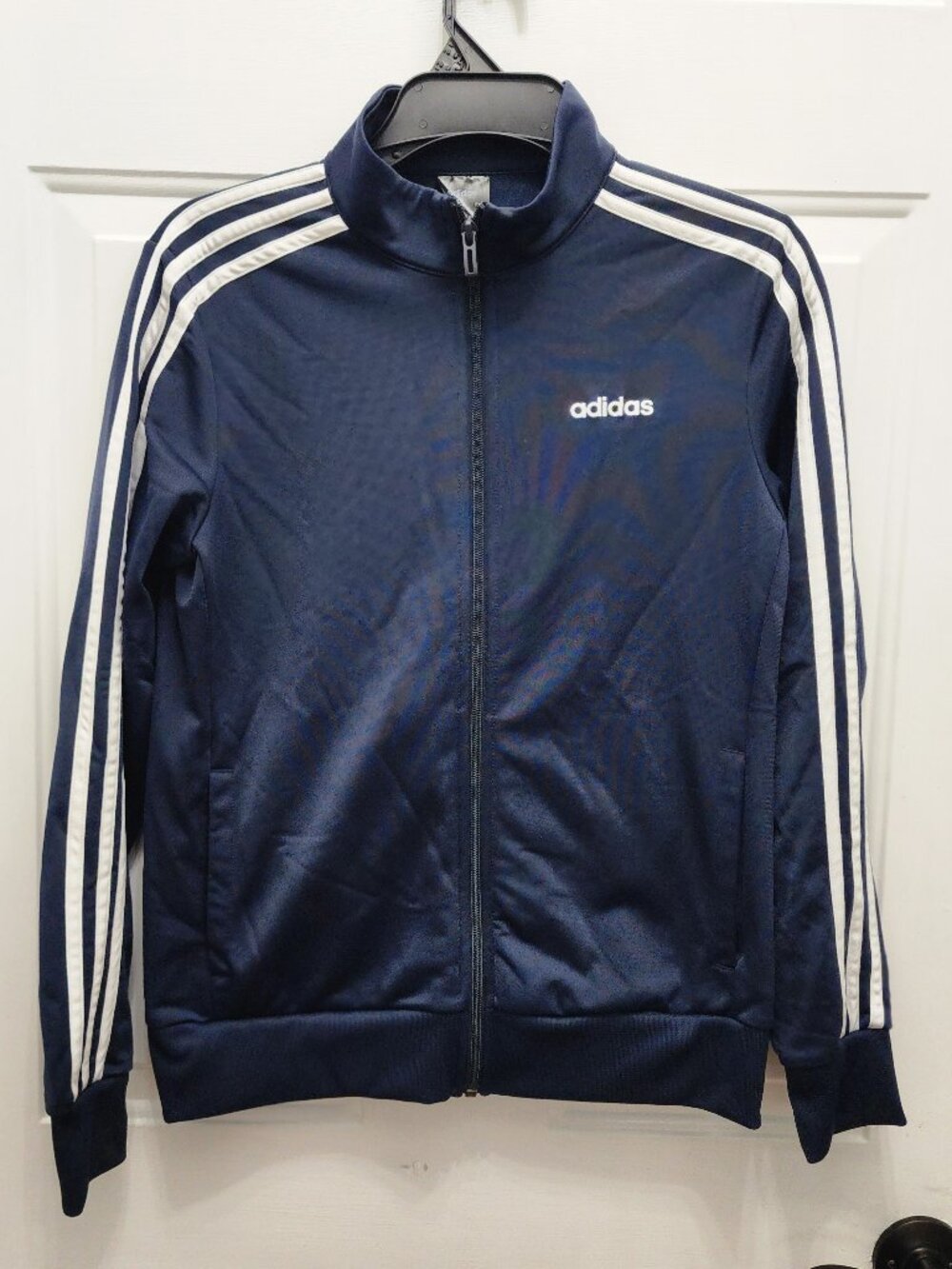 Adidas Women's Navy Blue Track Jacket 90's Style White Stripes On Sleeves Size S